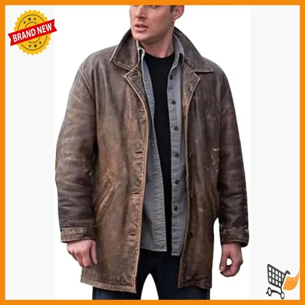 Men's Genuine Leather Trench Coat 3/4 Length Distressed Vintage Style